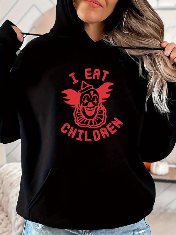 Women's Clown & Letter Print Drop Shoulder Hoodie, Fashion Drawstring Kangaroo Pocket Hooded Sweatshirt, Ladies Clothes...