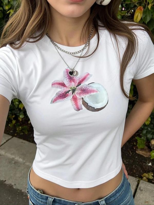 Women's Coconut & Floral Print Round Neck Tee, Casual Short Sleeve Crew Neck T-shirt for Summer, Fashion Women's Top for...