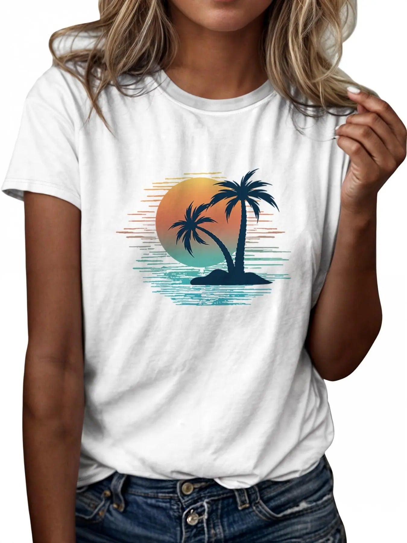 Women's Coconut Tree & Landscape Print Round Neck  Tee, Vintage Trendy Casual Short Sleeve T-shirt for Daily Wear, Ladies...