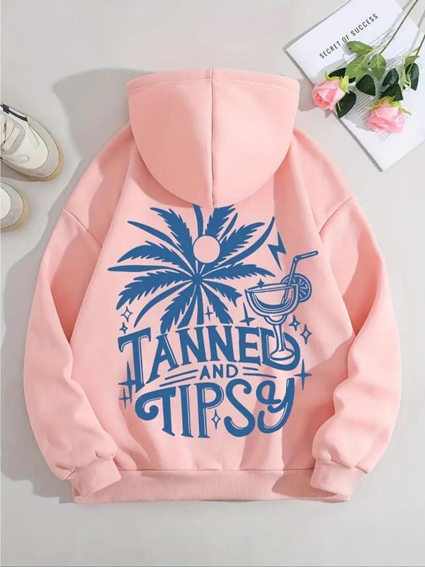 Women's Coconut Tree & Letter Print Drawstring Hoodie, Fashion Casual Hooded Sweatshirt For Daily Holiday Outdoor Wear,...