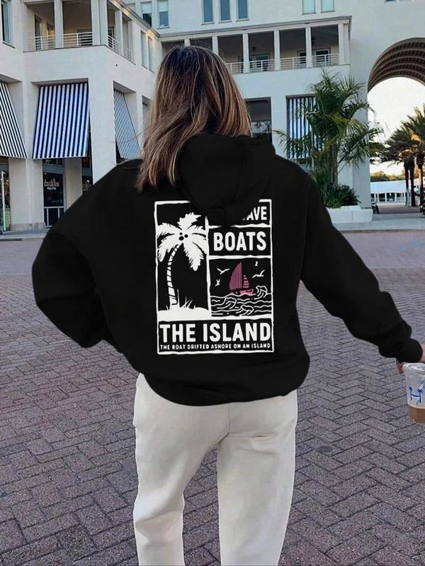 Women's Coconut Tree & Letter Print Drop Shoulder Hoodie, Fashion Casual Drawstring Pocket Hooded Sweatshirt for Daily...