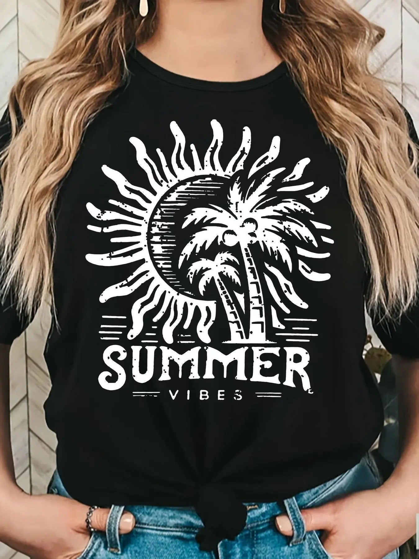 Women's Coconut Tree & Sun Print Round Neck Tee, Trendy Casual Letter Graphic Short Sleeve T-shirt for Daily Wear, Ladies...