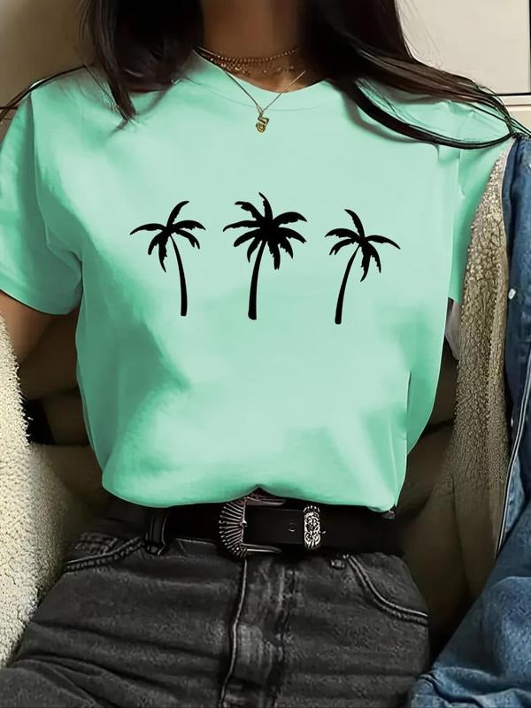 Women's Coconut Tree Print Round Neck Tee, Casual Short Sleeve Crew Neck T-Shirt for Summer, Fashion Women's Top for...