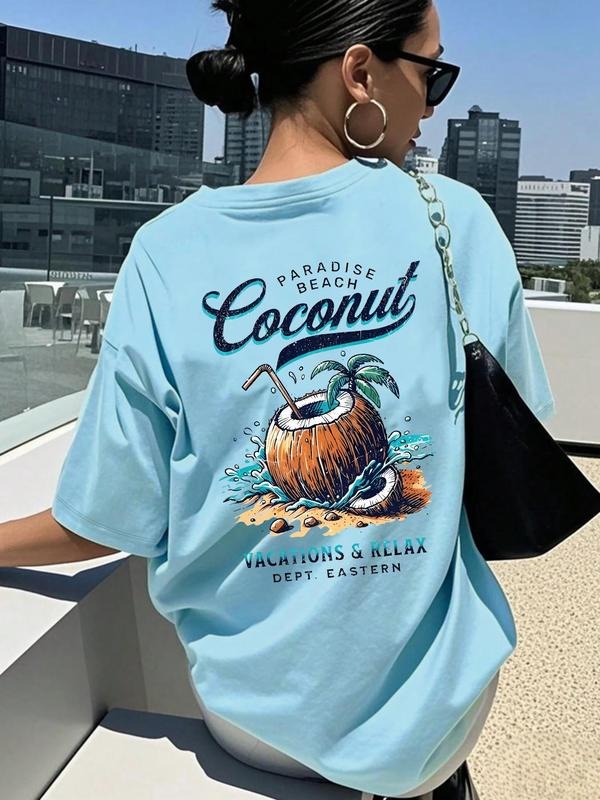 Women's Coconut Tree Print Round Neck Tee, Trendy Casual Coconut Graphic Short Sleeve T-shirt for Daily Wear, Ladies All...