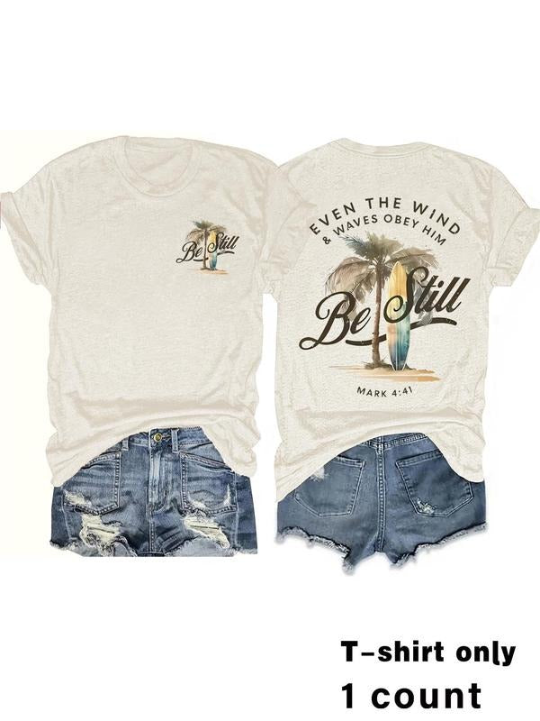 Women's Coconut Tree Print Round Neck Tee, Vintage Trendy Casual Short Sleeve T-shirt for Daily Wear, Ladies Summer, Top...