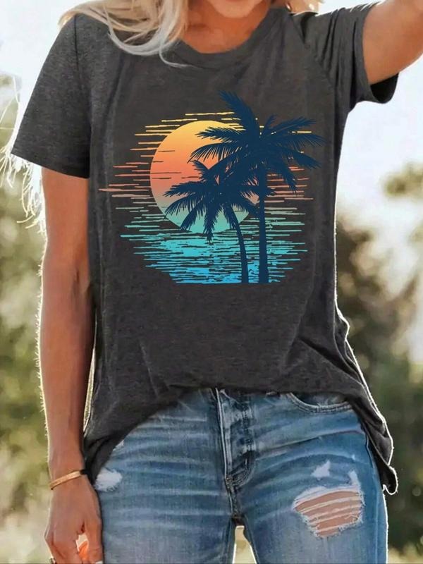 Women's Coconut Tree Sum Print Round Neck T-shirt, Casual Graphic T-shirt for Summer, Fashion Women's Top for Daily Wear...