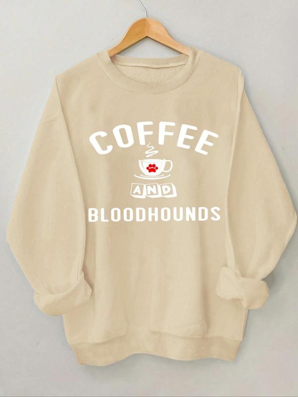 Women's Coffee & Letter Print Drop Shoulder Sweatshirt, Casual Long Sleeve Round Neck Pullover for Spring & Fall, Ladies...