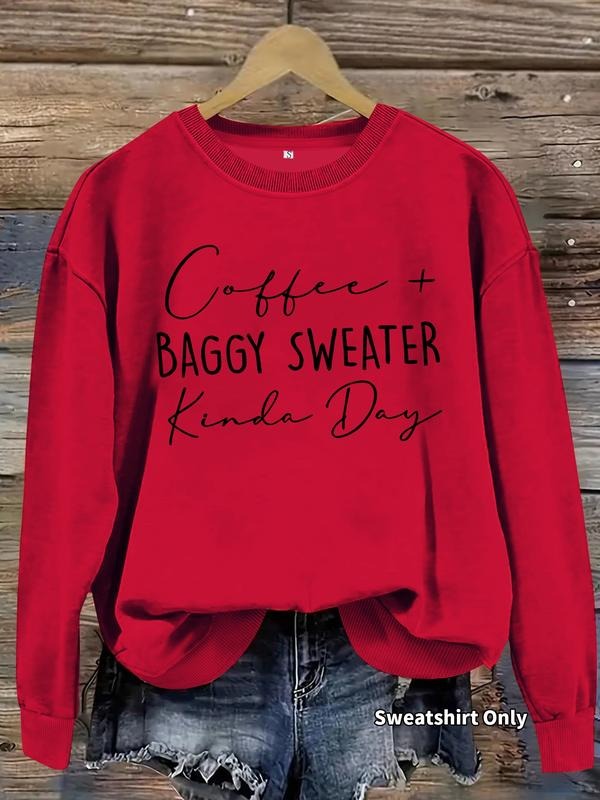 Women's Coffee & Letter Print Round Neck Sweatshirt, Casual Long Sleeve Crew Neck Pullover for Fall & Winter, Women's...