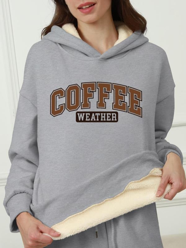 Women's Coffee Letter Print Drop Shoulder Hoodie, Casual Long Sleeve Hooded Sweatshirt for Fall & Winter, Women's Clothes...