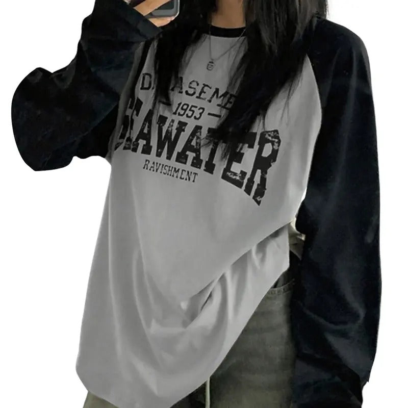 Women's Color Block Letter Graphic Tees Long Sleeve Round Neck Loose Casual T Shirt Tops Hoodie, Sweatshirt