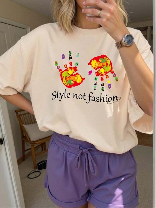 Women's Colorful Hand Print Round Neck Graphic Tee, Vintage Trendy Casual Short Sleeve T-shirt for Daily Wear, Ladies All...