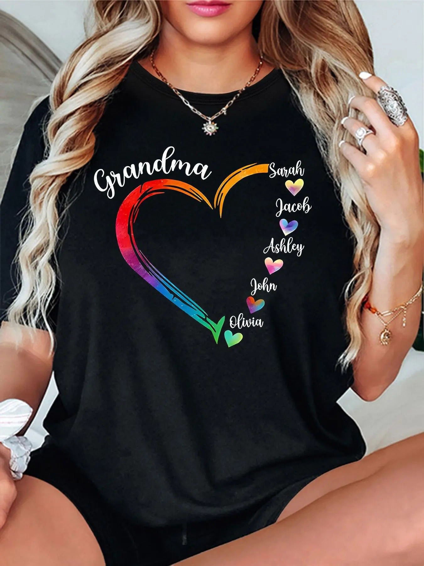 Women's Colorful Heart Print Round Neck Tee, Fashion Casual Short Sleeve T-shirt, Ladies Summer Clothes for Daily Wear...