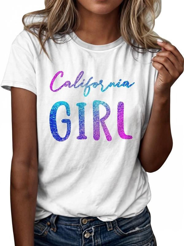 Women's Colorful Letter Print Round Neck Tee, Casual Short Sleeve Graphic T-shirt, Ladies All Seasons Outfit for Daily...