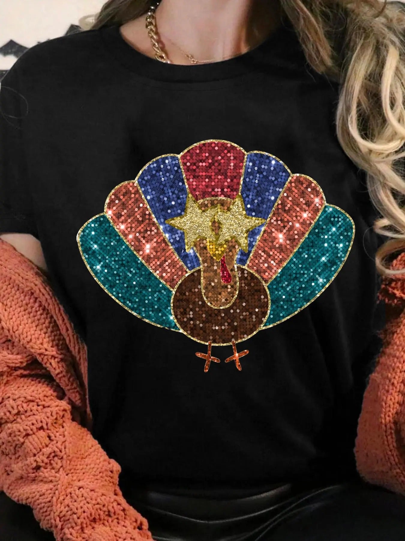 Women's Contrast Sequin Thanksgiving Turkey Graphic Tee, Casual Short Sleeve Round Neck T-shirt for Summer, Women's Top...
