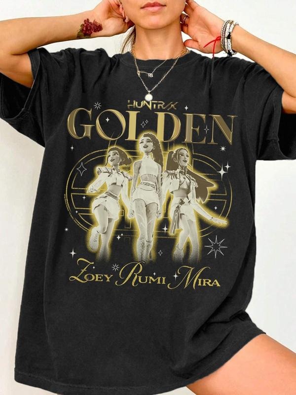 Women's Cool T-Shirt Featuring Hunttrix Golden Characters Zoey, Rumi and Mira, Graphic Tee for Streetwear and Daily...