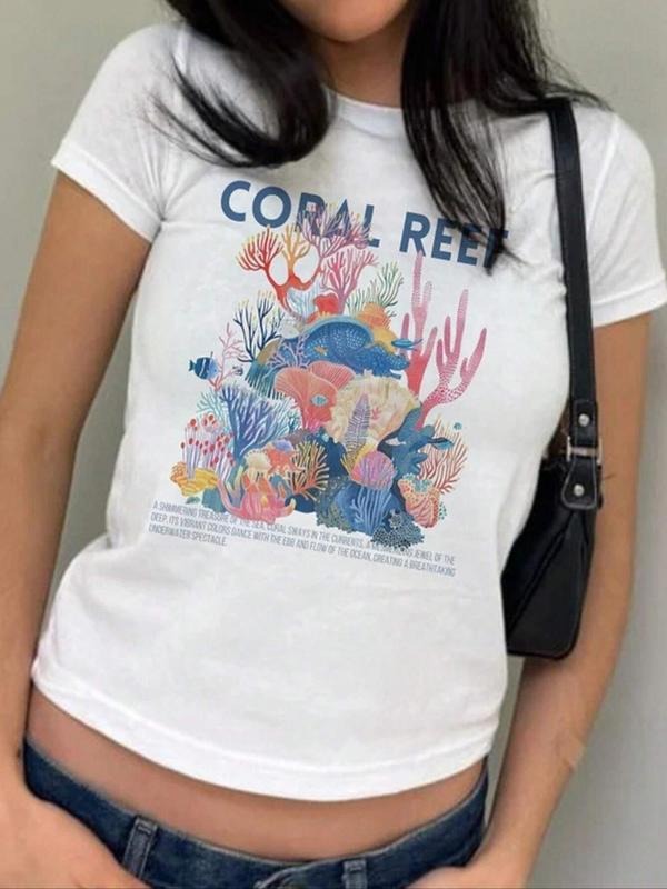 Women's Coral Reef & Letter Print Round Neck Tee, Casual Short Sleeve Crew Neck T-shirt for Summer, Fashion Women's Top...