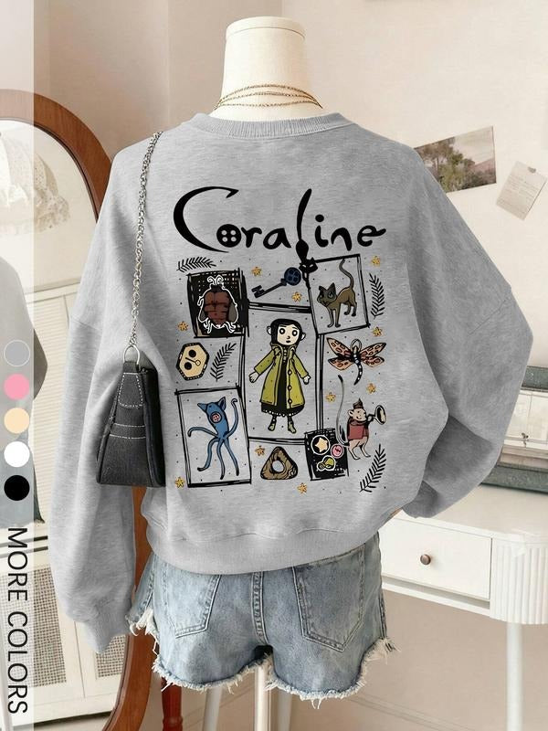 Women's Coraline Movie Graphic Sweatshirt, Grey Pullover Hoodie with Back Print of Characters, Unisex Anime Streetwear...