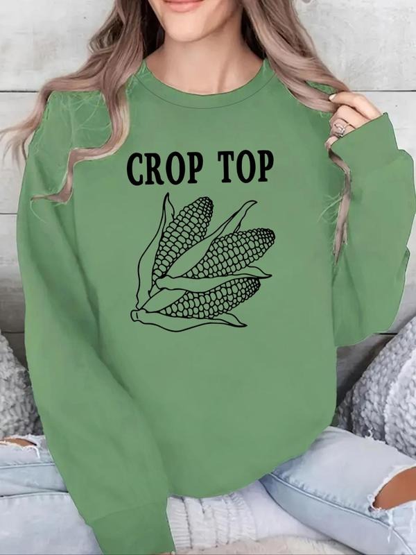 Women's Corn & Letter Print Crew Neck Sweatshirt, Casual Drop Shoulder Long Sleeve Pullover, Women's Fall & Winter...
