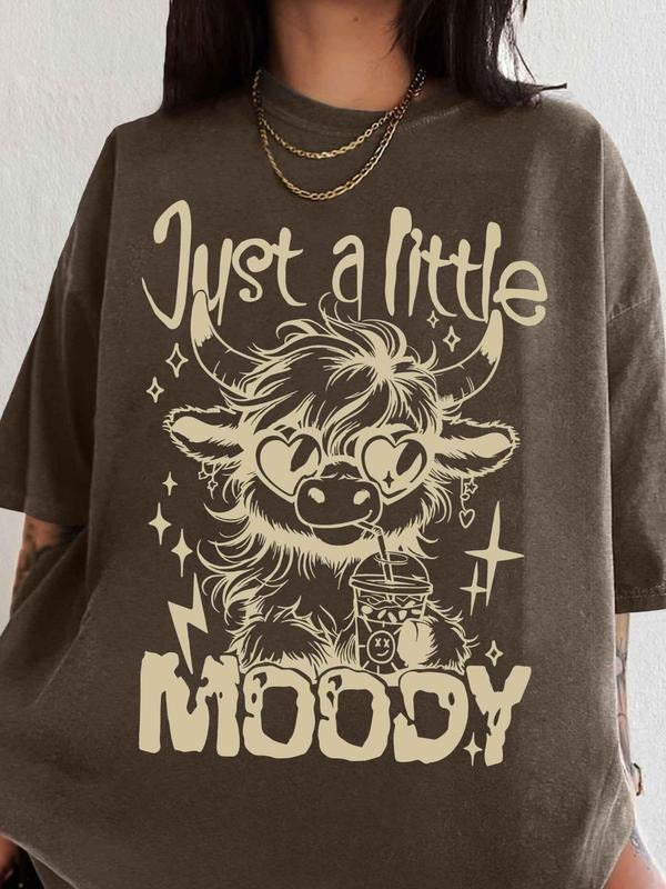 Cow & Letter Print Round Neck Casual Short Sleeve Summer Top Daily T-Shirts, Hoodie, Sweatshirt