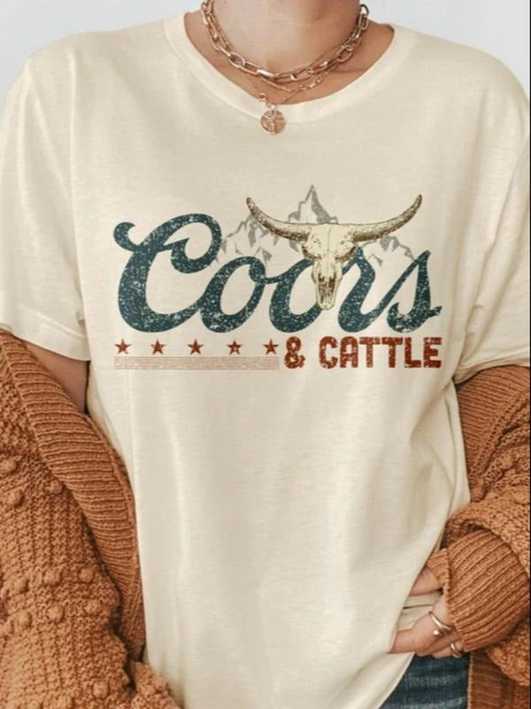Women's Cow & Letter Print Round Neck Tee, Casual Short Sleeve Crew Neck T-shirt for Summer, Fashion Women's Top for...