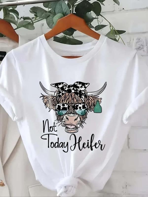 Women's Cow & Letter Print Round Neck Tee, Casual Short Sleeve Graphic T-shirt, Ladies Summer Outfit Hoodie, Sweatshirt