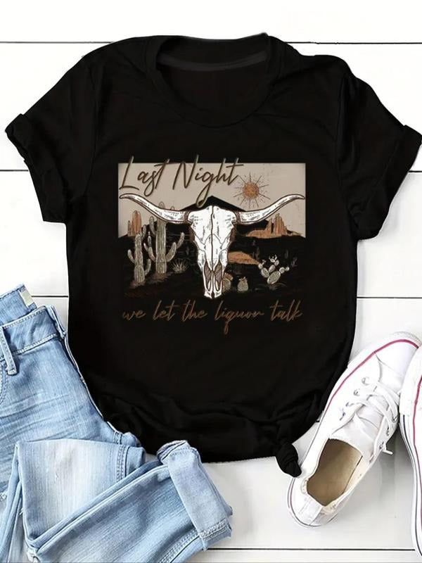 Women's Cow Head Print Round Neck Tee, Casual Short Sleeve Crew Neck T-Shirt for Summer, Fashion Women's Top for Daily...