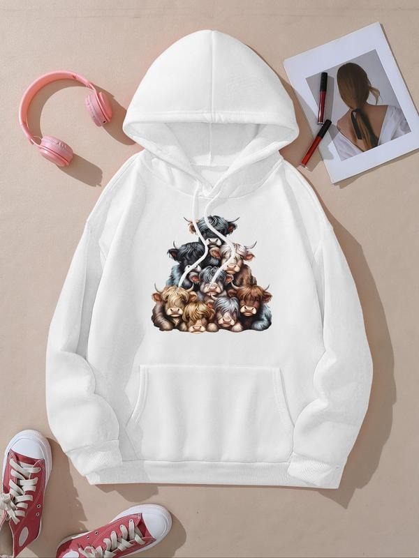 Women's Cow Print Drop Shoulder Hoodie, Fashion Casual Drawstring Pocket Hooded Sweatshirt for Daily Holiday Outdoor...