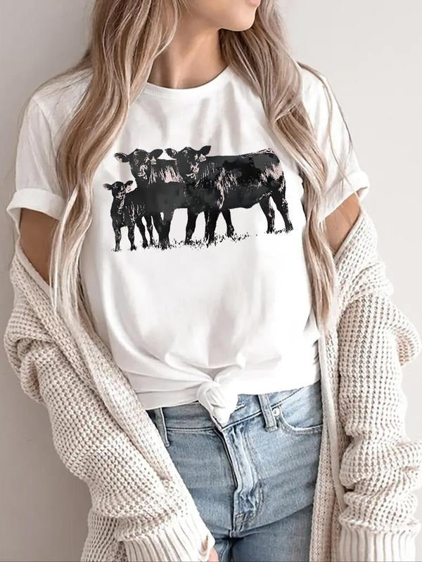 Women's Cow Print Round Neck Tee, Casual Short Sleeve Crew Neck T-Shirt for Summer, Fashion Women's Top for Daily Wear...