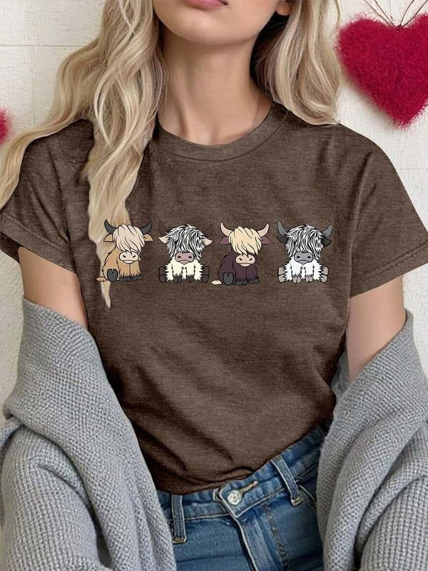 Women's Cow Print Round Neck Tee, Casual Short Sleeve Crew Neck T-shirt for Daily Wear, Ladies Clothes for All Seasons...