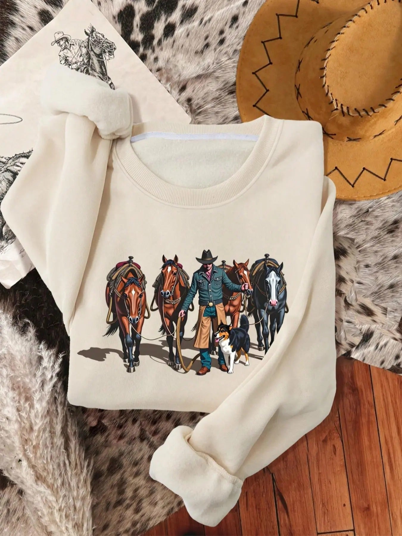 Women's Cowboy & Horse Print Drop Shoulder Sweatshirt, Casual Long Sleeve Crew Neck Pullover for Spring & Fall, Fashion...
