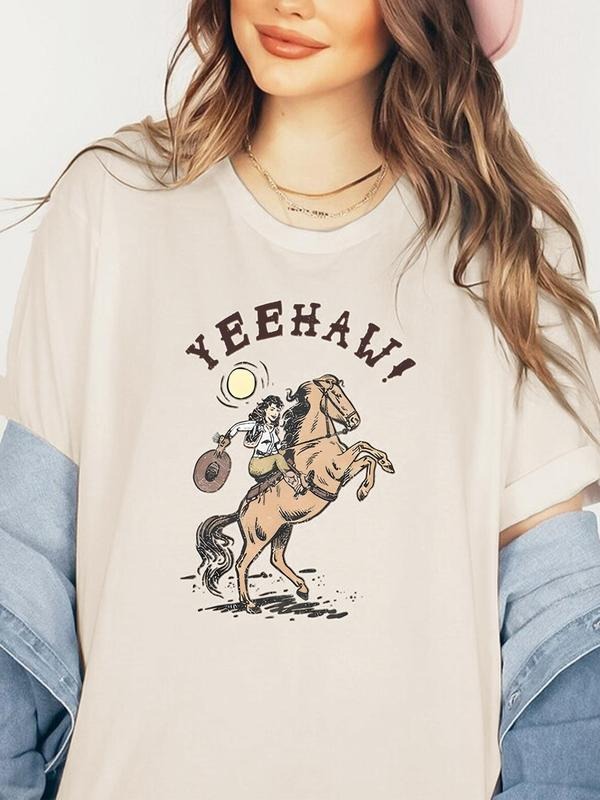Women's Cowboy & Letter Print Round Neck Graphic Tee, Vintage Trendy Casual Cowgirl Short Sleeve T-shirt for Daily Wear,...