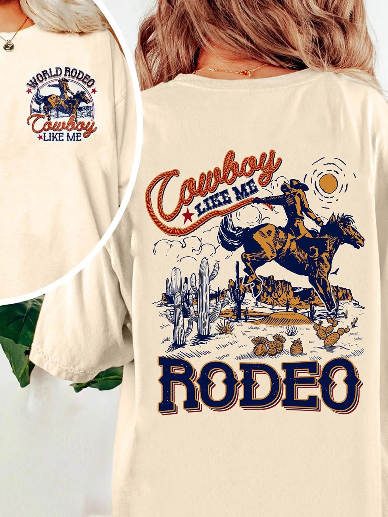 Women's Cowboy & Letter Print Round Neck Graphic Tee, Vintage Trendy Casual Drop Shoulder Short Sleeve T-shirt for Daily...