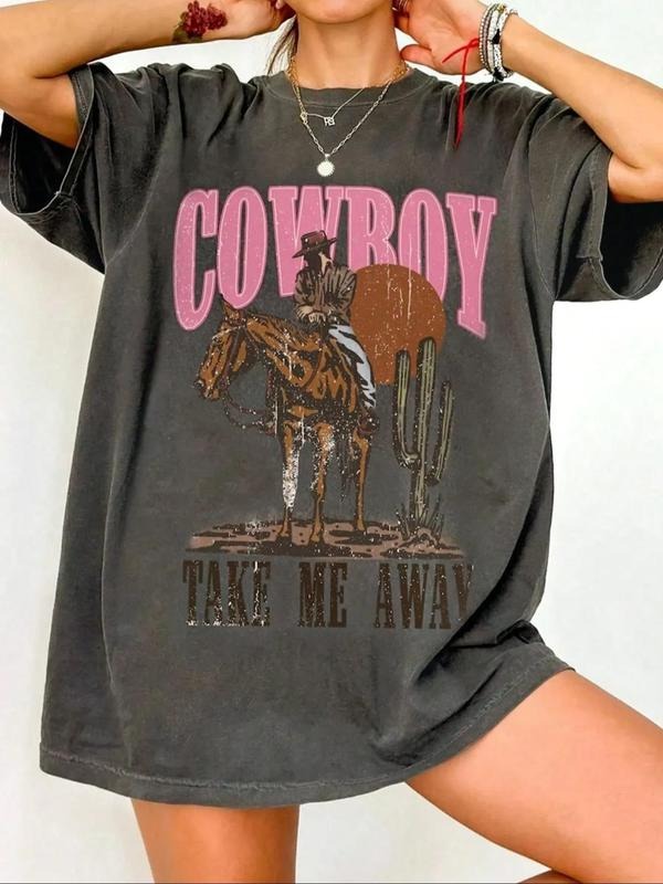 Women's Cowboy & Letter Print Round Neck Tee, Vintage Trendy Casual Short Sleeve T-shirt for Daily Wear, Ladies Summer...