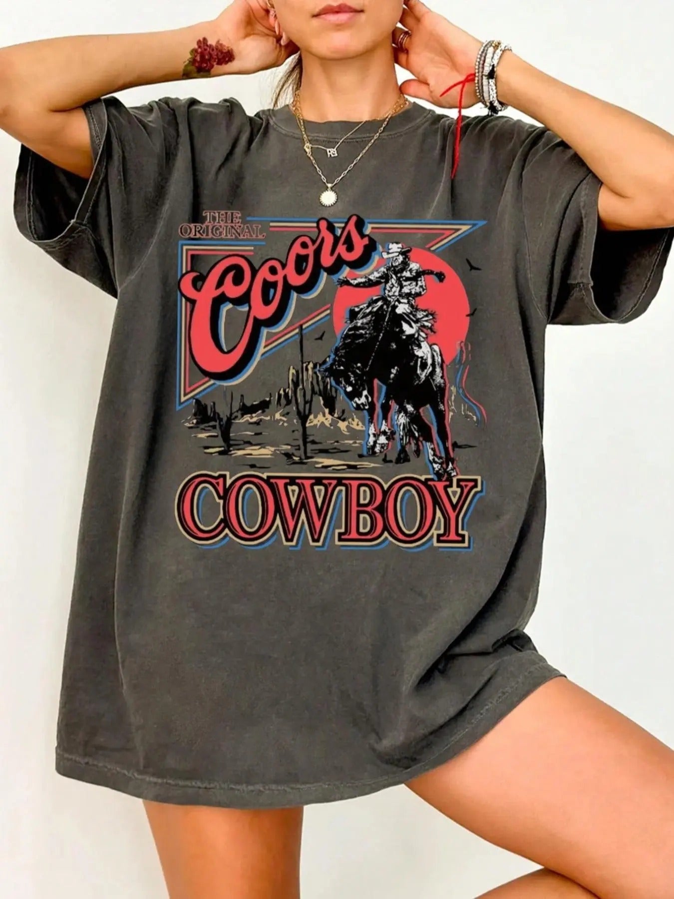 Women's Cowboy & Letter Print Round Neck Tee, Vintage Trendy Casual Short Sleeve T-shirt for Daily Wear, Ladies Summer...