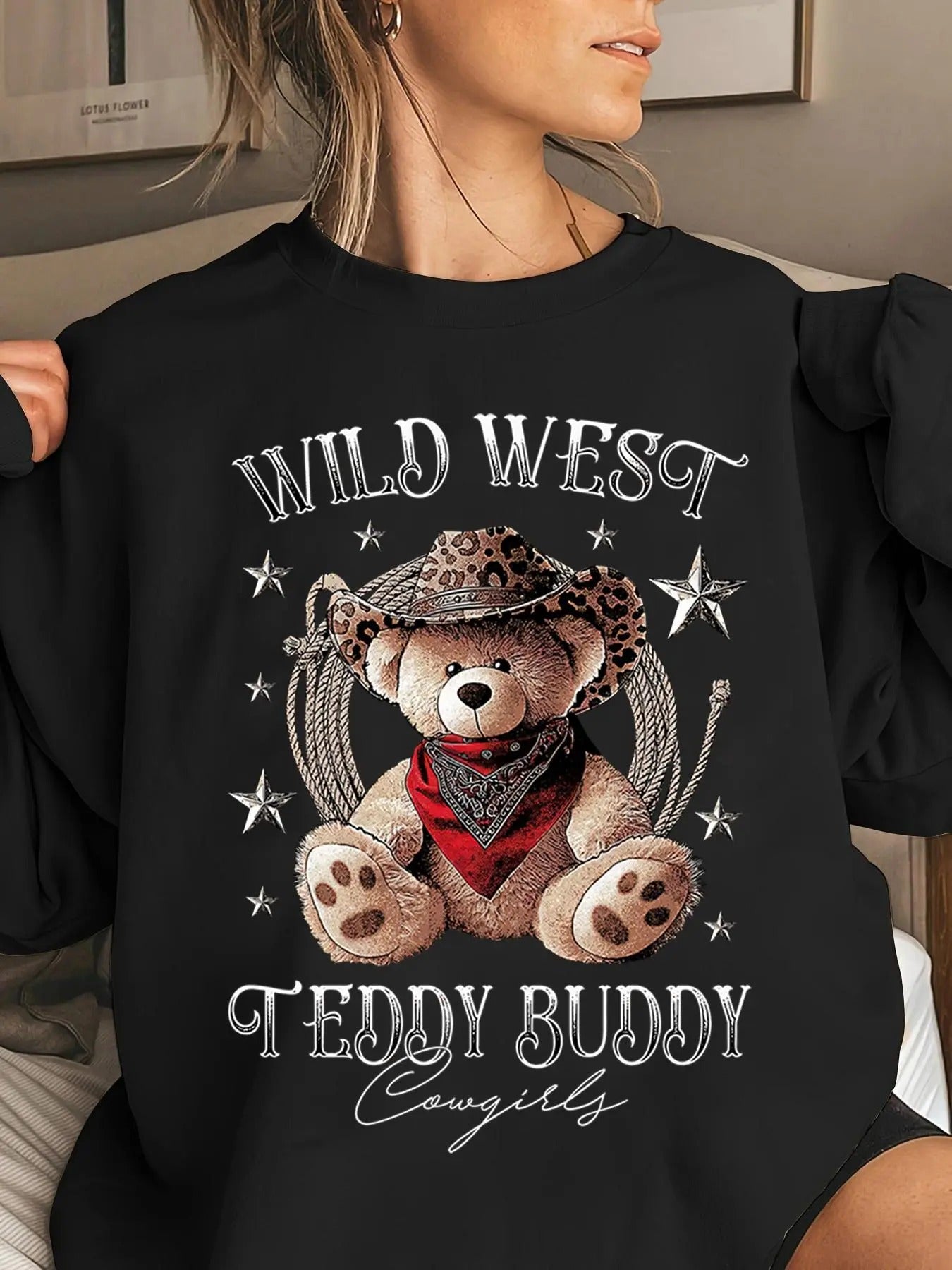 Women's Cowboy Bear & Letter Print Round Neck Sweatshirt, Casual Long Sleeve Crew Neck Pullover for Fall & Winter,...