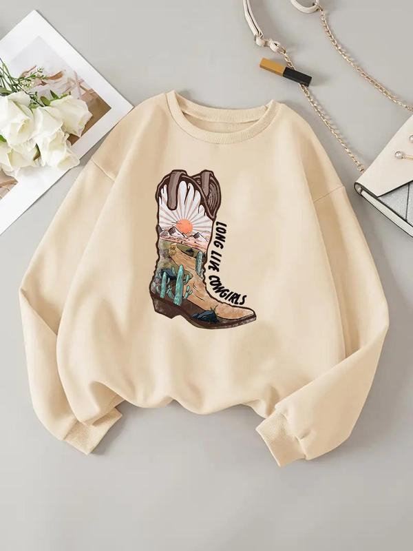 Women's Cowboy Boots & Letter Print Drop Shoulder Sweatshirt, Casual Long Sleeve Round Neck Pullover for Daily Wear,...