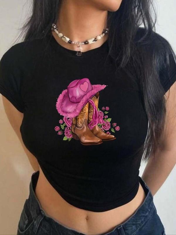 Women's Cowboy Boots Print Round Neck Graphic Tee, Vintage Trendy Casual Short Sleeve T-shirt for Daily Wear, Ladies...