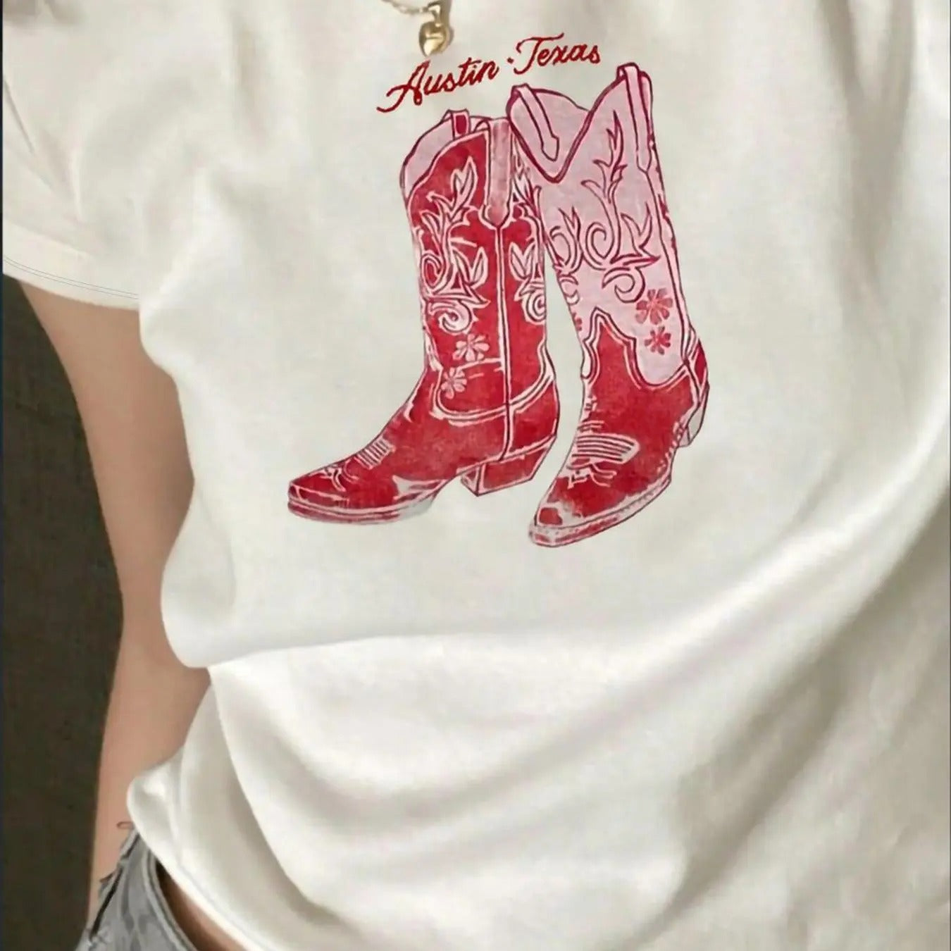 Women's Cowboy Boots Print Round Neck Graphic Tee, Vintage Trendy Casual Short Sleeve T-shirt for Daily Wear, Ladies...