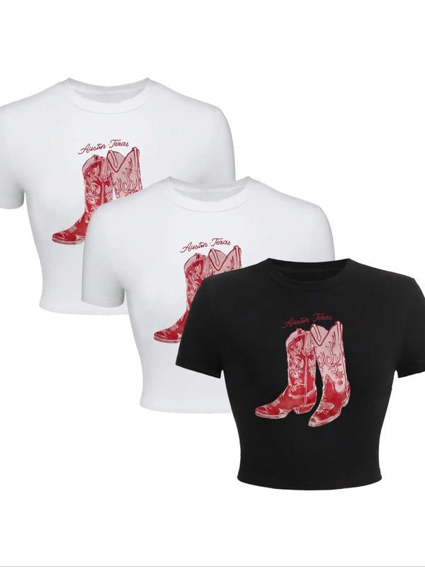 Women's Cowboy Boots Round Neck Graphic Tee, Y2K Trendy Casual Short Sleeve T-shirt for Daily Wear, Ladies Summer Outfit...