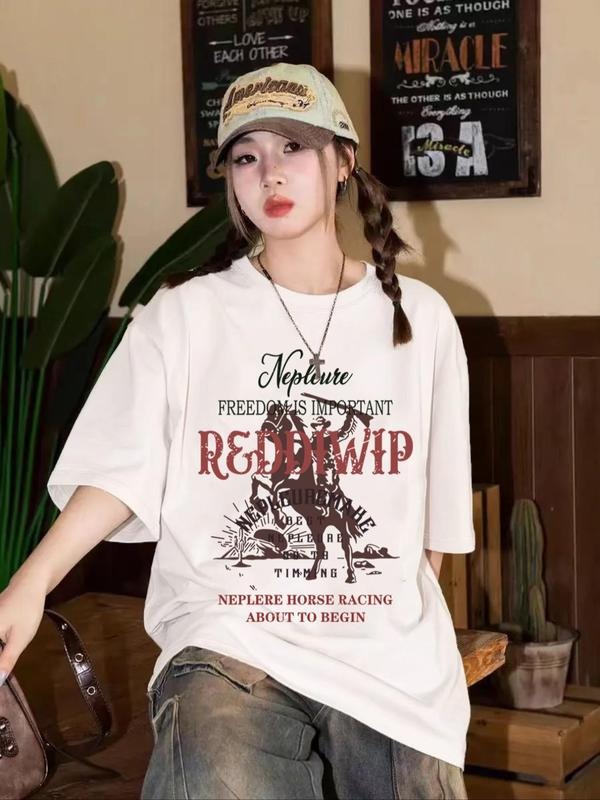Cowboy Print Round Neck Casual Drop Shoulder Short Sleeve Daily Summer Clothes T-Shirts, Hoodie, Sweatshirt