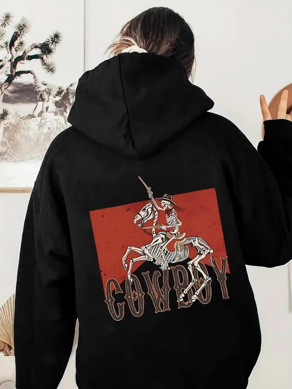 Women's Cowboy Print Drop Shoulder Hoodie, Fashion Casual Drawstring Pocket Hooded Sweatshirt for Daily Holiday Outdoor...