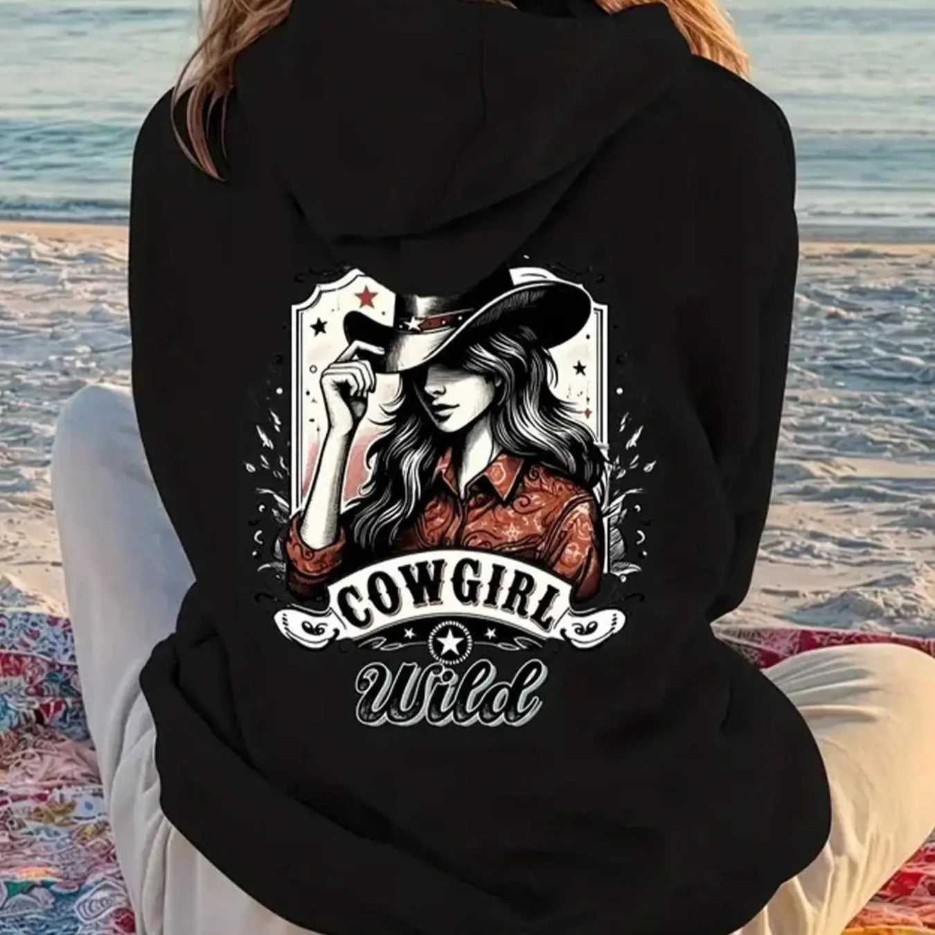 Women's Cowgirl & Letter Print Drop Shoulder Hoodie, Fashion Casual Drawstring Pocket Hooded Sweatshirt for Daily Holiday...