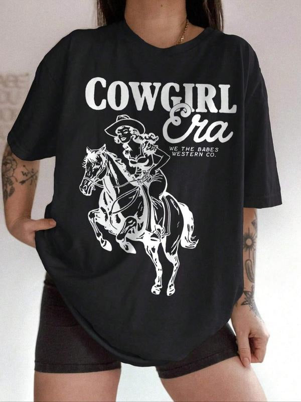 Women's Cowgirl & Letter Print Round Neck Tee, Trendy Casual Drop Shoulder Short Sleeve T-Shirt for Daily Wear, Ladies...