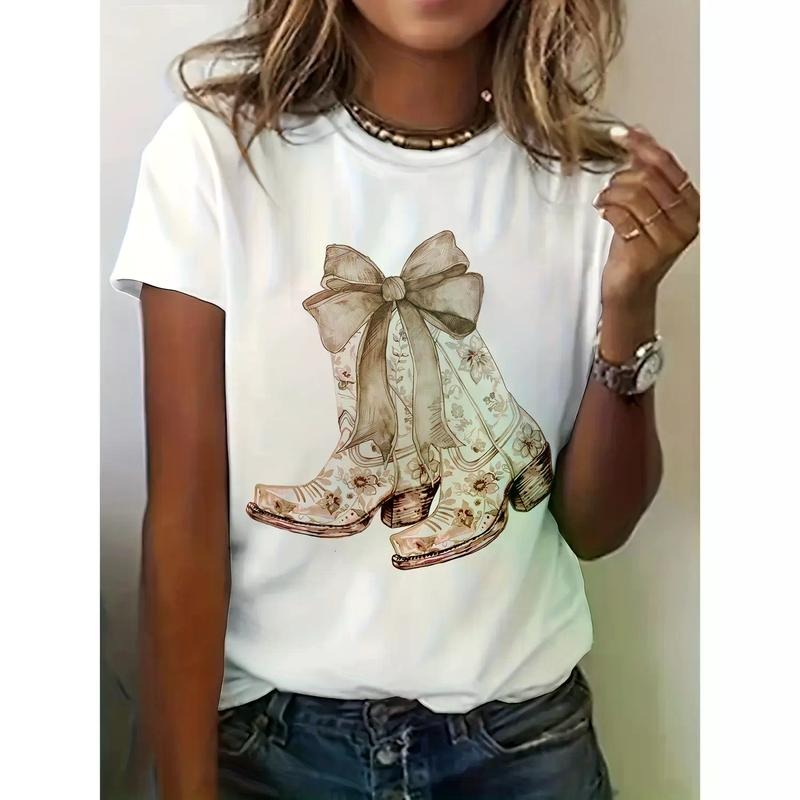 Women's Cowgirl Chinoiserie Floral Boot Graphic T-Shirt, White Short Sleeve Crew Neck Casual Summer & Spring Top with...