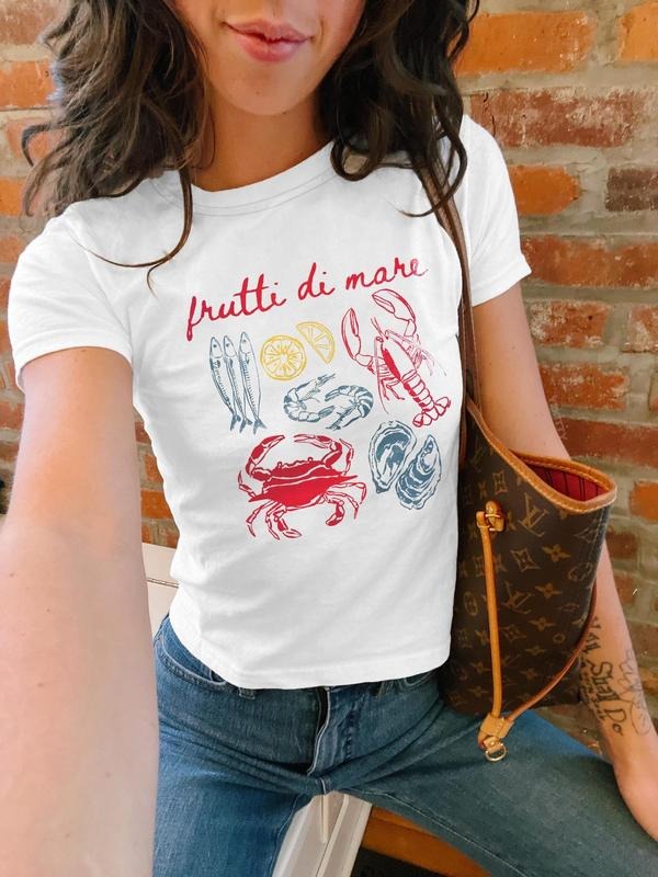 Crab & Figure Print Round Neck Casual Short Sleeve Crew Neck Summer Top Daily Wearstyle{N002}2 T-Shirts, Hoodie, Sweatshirt