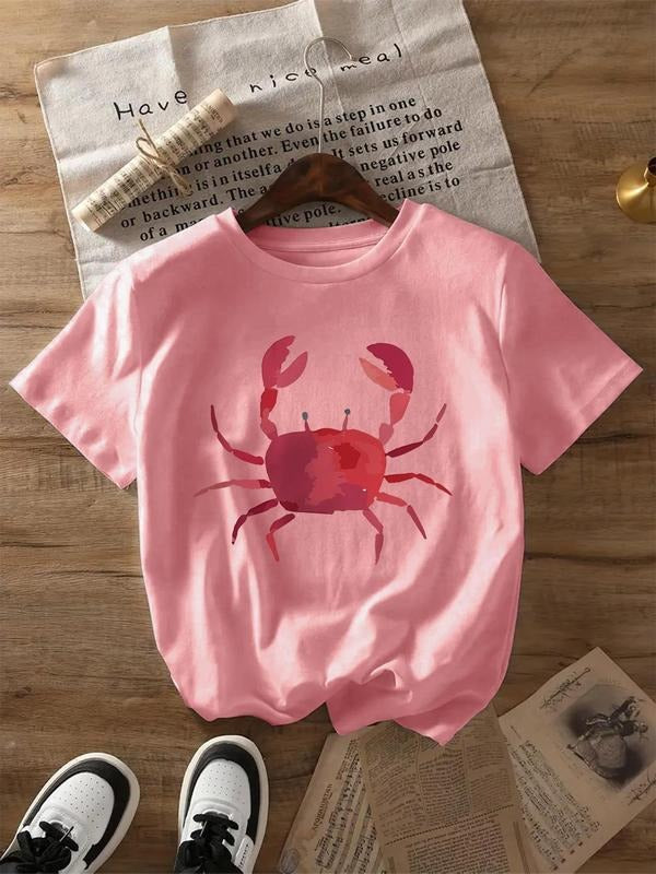 Women's Crab Print Round Neck Tee, Casual Short Sleeve Crew Neck T-Shirt for Summer, Fashion Women's Top for Daily Wear...
