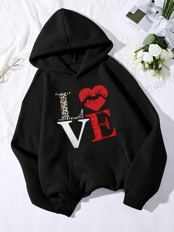 Women's Creative Heart & Leopard Print Pocket Hoodie, Casual Comfy Drop Shoulder Long Sleeve Pullover Hooded Sweatshirt...