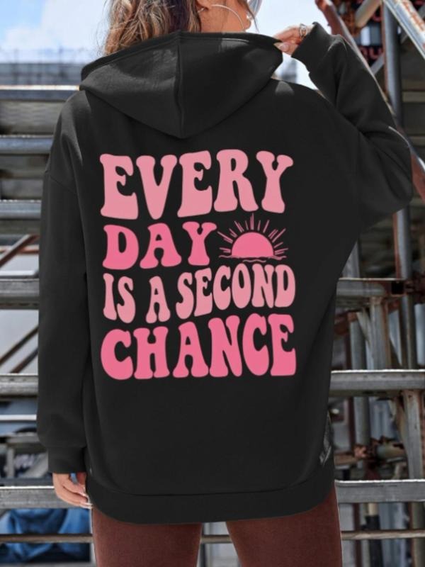 Women's Creative Letter Print Drawstring Drop Shoulder Hoodie, Printed Long Sleeve Hooded Sweatshirt For Spring & Fall,...