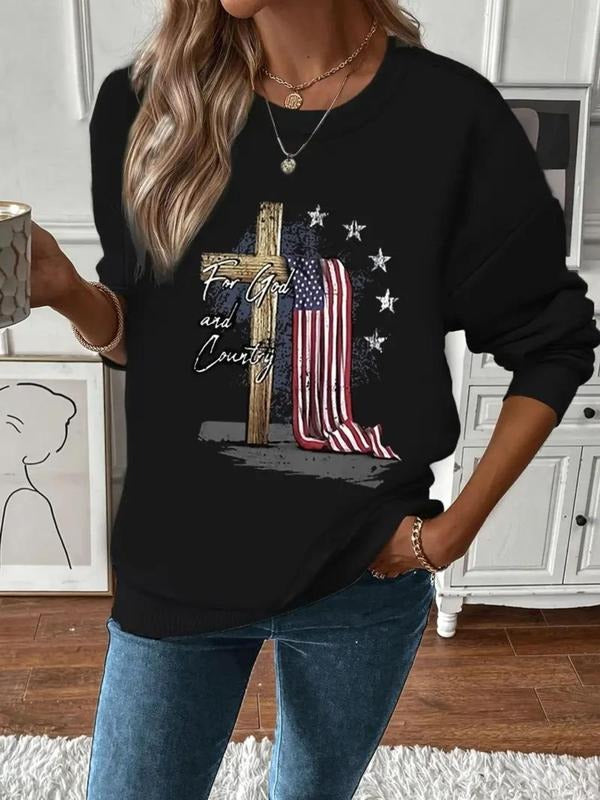Women's Cross & American Flag Print Drop Shoulder Sweatshirt, Casual Long Sleeve Round Neck Pullover for Fall & Winter,...