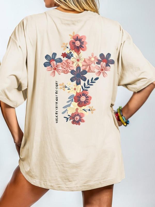Women's Cross & Floral Print Round Neck Tee, Vintage Trendy Casual Figure Graphic Short Sleeve T-shirt for Daily Wear,...